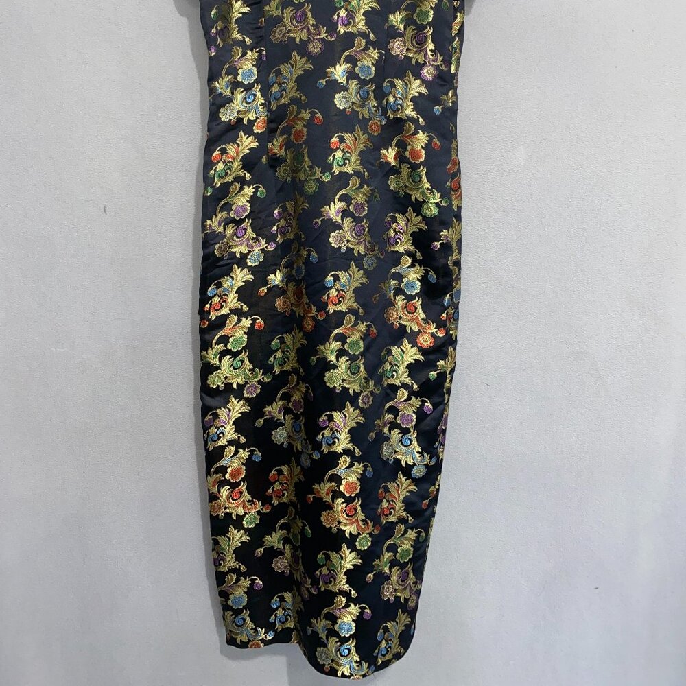 Brocade Cheongsam Qipao Dress Black Gold Floral Mandarin Collar M - Picture 9 of 9